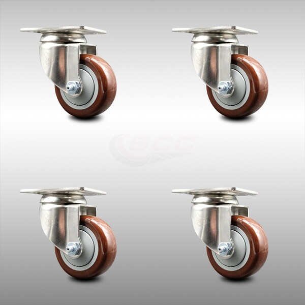 3.5 Inch 316SS Maroon Polyurethane Wheel Swivel Top Plate Caster Set SCC